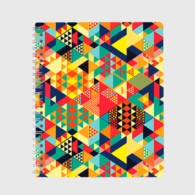 Тетрадь Геометрия: в Тюмени, 100% бумага | 48 листов, плотность листов — 60 г/м2, плотность картонной обложки — 250 г/м2. Листы скреплены сбоку удобной пружинной спиралью. Уголки страниц и обложки скругленные. Цвет линий — светло-серый
 | Тематика изображения на принте: лоскутное шитье | паттерн | пестрый | разноцветный | треугольники