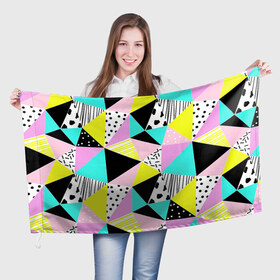 Флаг 3D с принтом Треугольнички в Тюмени, 100% полиэстер | плотность ткани — 95 г/м2, размер — 67 х 109 см. Принт наносится с одной стороны | лоскутное шитье | полигоны | разноцветный | яркий