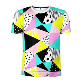 Мужская футболка 3D спортивная с принтом Треугольнички в Тюмени, 100% полиэстер с улучшенными характеристиками | приталенный силуэт, круглая горловина, широкие плечи, сужается к линии бедра | Тематика изображения на принте: лоскутное шитье | полигоны | разноцветный | яркий