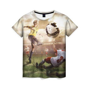 Женская футболка 3D с принтом Юные футболисты в Тюмени, 100% полиэфир ( синтетическое хлопкоподобное полотно) | прямой крой, круглый вырез горловины, длина до линии бедер | футбол