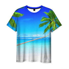 Мужская футболка 3D с принтом Лазурный берег в Тюмени, 100% полиэфир | прямой крой, круглый вырез горловины, длина до линии бедер | Тематика изображения на принте: берег | лето | море | океан | отдых | пальма | песок