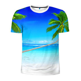 Мужская футболка 3D спортивная с принтом Лазурный берег в Тюмени, 100% полиэстер с улучшенными характеристиками | приталенный силуэт, круглая горловина, широкие плечи, сужается к линии бедра | берег | лето | море | океан | отдых | пальма | песок