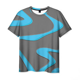 Мужская футболка 3D с принтом Кривые линии в Тюмени, 100% полиэфир | прямой крой, круглый вырез горловины, длина до линии бедер | асфальт | белый | вышивка | кривые линии | мокрый | серый | строчка | цвет