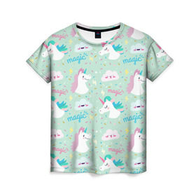 Женская футболка 3D с принтом Единороги в Тюмени, 100% полиэфир ( синтетическое хлопкоподобное полотно) | прямой крой, круглый вырез горловины, длина до линии бедер | воображение | дружба | единорог | животные | замок | лошадь | любовь | магия | пони | радуга