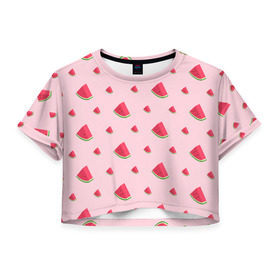 Женская футболка 3D укороченная с принтом Сочные арбузики в Тюмени, 100% полиэстер | круглая горловина, длина футболки до линии талии, рукава с отворотами | арбузы | арт | еда | лето | фрукты