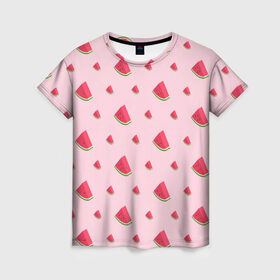 Женская футболка 3D с принтом Сочные арбузики в Тюмени, 100% полиэфир ( синтетическое хлопкоподобное полотно) | прямой крой, круглый вырез горловины, длина до линии бедер | арбузы | арт | еда | лето | фрукты