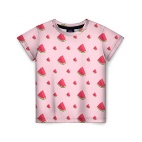 Детская футболка 3D с принтом Сочные арбузики в Тюмени, 100% гипоаллергенный полиэфир | прямой крой, круглый вырез горловины, длина до линии бедер, чуть спущенное плечо, ткань немного тянется | арбузы | арт | еда | лето | фрукты