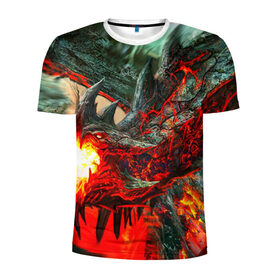 Мужская футболка 3D спортивная с принтом Дракон в Тюмени, 100% полиэстер с улучшенными характеристиками | приталенный силуэт, круглая горловина, широкие плечи, сужается к линии бедра | дракон | лава | огонь | пламя