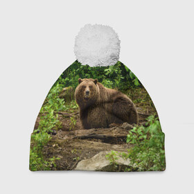 Шапка 3D c помпоном с принтом Бурый медведь в Тюмени, 100% полиэстер | универсальный размер, печать по всей поверхности изделия | 