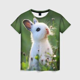 Женская футболка 3D с принтом Кролик в Тюмени, 100% полиэфир ( синтетическое хлопкоподобное полотно) | прямой крой, круглый вырез горловины, длина до линии бедер | animal | baby | cute | flowers | fluffy | hare | lawn | little | meadow | rabbit | животное | заяц | кролик | луг | лужайка | маленький | малыш | милый | пушистый | цветы
