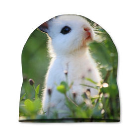 Шапка 3D с принтом Кролик в Тюмени, 100% полиэстер | универсальный размер, печать по всей поверхности изделия | animal | baby | cute | flowers | fluffy | hare | lawn | little | meadow | rabbit | животное | заяц | кролик | луг | лужайка | маленький | малыш | милый | пушистый | цветы