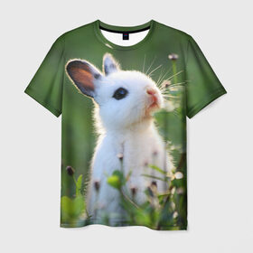 Мужская футболка 3D с принтом Кролик в Тюмени, 100% полиэфир | прямой крой, круглый вырез горловины, длина до линии бедер | animal | baby | cute | flowers | fluffy | hare | lawn | little | meadow | rabbit | животное | заяц | кролик | луг | лужайка | маленький | малыш | милый | пушистый | цветы