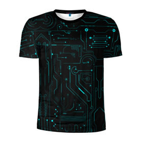 Мужская футболка 3D спортивная с принтом Hi-Tech в Тюмени, 100% полиэстер с улучшенными характеристиками | приталенный силуэт, круглая горловина, широкие плечи, сужается к линии бедра | Тематика изображения на принте: микросхема | чертеж