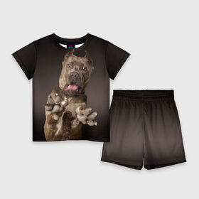 Детский костюм с шортами 3D с принтом Дог в Тюмени,  |  | animal | breed | brown | dog | fear | jump | legs | throw | бросок | дог | животное | испуг | коричневый | лапы | порода | прыжок | собака