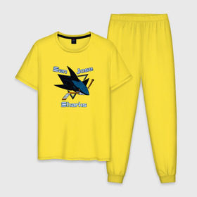 Мужская пижама хлопок с принтом San Jose Sharks hockey в Тюмени, 100% хлопок | брюки и футболка прямого кроя, без карманов, на брюках мягкая резинка на поясе и по низу штанин
 | nhl | san jose sharks | спорт | хоккей