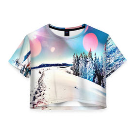Женская футболка 3D укороченная с принтом Тропа в Тюмени, 100% полиэстер | круглая горловина, длина футболки до линии талии, рукава с отворотами | зима | природа | снег | снежный | солнце