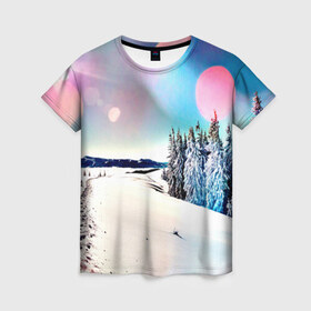 Женская футболка 3D с принтом Тропа в Тюмени, 100% полиэфир ( синтетическое хлопкоподобное полотно) | прямой крой, круглый вырез горловины, длина до линии бедер | зима | природа | снег | снежный | солнце