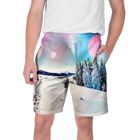 Мужские шорты 3D с принтом Тропа в Тюмени,  полиэстер 100% | прямой крой, два кармана без застежек по бокам. Мягкая трикотажная резинка на поясе, внутри которой широкие завязки. Длина чуть выше колен | Тематика изображения на принте: зима | природа | снег | снежный | солнце