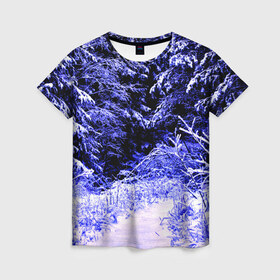 Женская футболка 3D с принтом Лес в Тюмени, 100% полиэфир ( синтетическое хлопкоподобное полотно) | прямой крой, круглый вырез горловины, длина до линии бедер | ёлка | ель | зима | природа | снег | снежный | фиолетовый