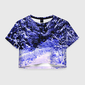 Женская футболка 3D укороченная с принтом Лес в Тюмени, 100% полиэстер | круглая горловина, длина футболки до линии талии, рукава с отворотами | ёлка | ель | зима | природа | снег | снежный | фиолетовый