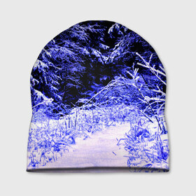 Шапка 3D с принтом Лес в Тюмени, 100% полиэстер | универсальный размер, печать по всей поверхности изделия | ёлка | ель | зима | природа | снег | снежный | фиолетовый