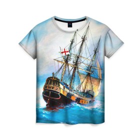 Женская футболка 3D с принтом Корабль в Тюмени, 100% полиэфир ( синтетическое хлопкоподобное полотно) | прямой крой, круглый вырез горловины, длина до линии бедер | вода | море | океан | парусник