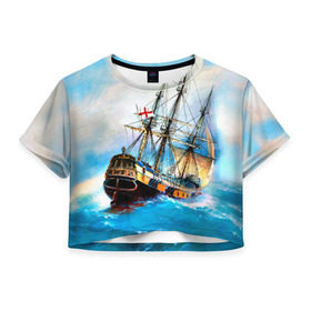 Женская футболка 3D укороченная с принтом Корабль в Тюмени, 100% полиэстер | круглая горловина, длина футболки до линии талии, рукава с отворотами | вода | море | океан | парусник