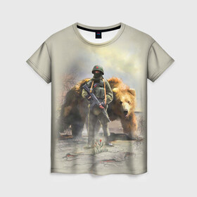 Женская футболка 3D с принтом Русский медведь и солдат в Тюмени, 100% полиэфир ( синтетическое хлопкоподобное полотно) | прямой крой, круглый вырез горловины, длина до линии бедер | russia | армия | медведь | оружие | российская федерация | россия | русский  | рф | силовые структуры