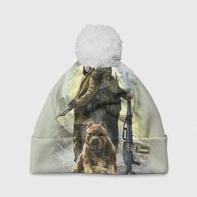 Шапка 3D c помпоном с принтом Солдаты и собака в Тюмени, 100% полиэстер | универсальный размер, печать по всей поверхности изделия | 