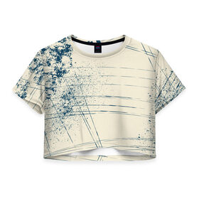 Женская футболка 3D укороченная с принтом Текстура в Тюмени, 100% полиэстер | круглая горловина, длина футболки до линии талии, рукава с отворотами | бежевый | кляксы | краски | линии | синий | текстура | узоры | цвет