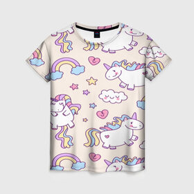 Женская футболка 3D с принтом Радужные Единорожки в Тюмени, 100% полиэфир ( синтетическое хлопкоподобное полотно) | прямой крой, круглый вырез горловины, длина до линии бедер | unicorn | белый | единорог | лошадь | облако | радуга | розовый | сердце | улыбка | фиолетовый | цвет