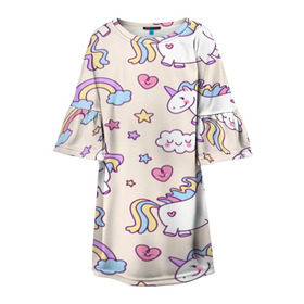 Детское платье 3D с принтом Радужные Единорожки в Тюмени, 100% полиэстер | прямой силуэт, чуть расширенный к низу. Круглая горловина, на рукавах — воланы | unicorn | белый | единорог | лошадь | облако | радуга | розовый | сердце | улыбка | фиолетовый | цвет