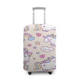 Чехол для чемодана 3D с принтом Радужные Единорожки в Тюмени, 86% полиэфир, 14% спандекс | двустороннее нанесение принта, прорези для ручек и колес | unicorn | белый | единорог | лошадь | облако | радуга | розовый | сердце | улыбка | фиолетовый | цвет