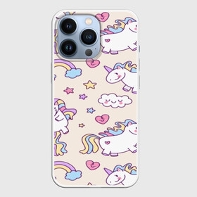 Чехол для iPhone 13 Pro с принтом Радужные Единорожки в Тюмени,  |  | unicorn | белый | единорог | лошадь | облако | радуга | розовый | сердце | улыбка | фиолетовый | цвет