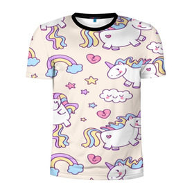 Мужская футболка 3D спортивная с принтом Радужные Единорожки в Тюмени, 100% полиэстер с улучшенными характеристиками | приталенный силуэт, круглая горловина, широкие плечи, сужается к линии бедра | Тематика изображения на принте: unicorn | белый | единорог | лошадь | облако | радуга | розовый | сердце | улыбка | фиолетовый | цвет