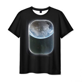 Мужская футболка 3D с принтом Земля в иллюминаторе в Тюмени, 100% полиэфир | прямой крой, круглый вырез горловины, длина до линии бедер | земля | космический корабль | космос | планета