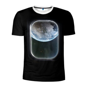 Мужская футболка 3D спортивная с принтом Земля в иллюминаторе в Тюмени, 100% полиэстер с улучшенными характеристиками | приталенный силуэт, круглая горловина, широкие плечи, сужается к линии бедра | Тематика изображения на принте: земля | космический корабль | космос | планета