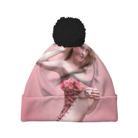 Шапка 3D c помпоном с принтом Сюрреализм в Тюмени, 100% полиэстер | универсальный размер, печать по всей поверхности изделия | blonde | flowers | girl | lace | naked | nude | photo | surrealism | блондинка | девушка | сюрреализм | фото | цветы | шнуровка