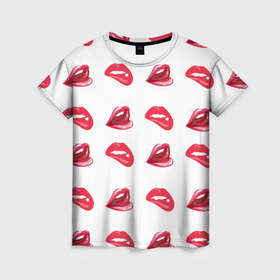 Женская футболка 3D с принтом Губы в Тюмени, 100% полиэфир ( синтетическое хлопкоподобное полотно) | прямой крой, круглый вырез горловины, длина до линии бедер | Тематика изображения на принте: lips | губы | зубы | помада | поцелуи | рот | улыбка | язык