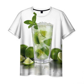 Мужская футболка 3D с принтом Мохито в Тюмени, 100% полиэфир | прямой крой, круглый вырез горловины, длина до линии бедер | fresh | freshness | ice | lemon lime | mint | mojito cocktail | still life | бокал | коктейль | лед | лимон лайм | махито | мята | натюрморт | свежесть | свежий