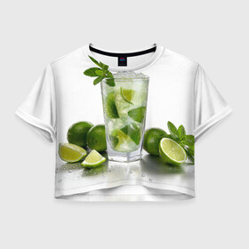 Женская футболка 3D укороченная с принтом Мохито в Тюмени, 100% полиэстер | круглая горловина, длина футболки до линии талии, рукава с отворотами | fresh | freshness | ice | lemon lime | mint | mojito cocktail | still life | бокал | коктейль | лед | лимон лайм | махито | мята | натюрморт | свежесть | свежий