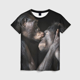 Женская футболка 3D с принтом Шимпанзе в Тюмени, 100% полиэфир ( синтетическое хлопкоподобное полотно) | прямой крой, круглый вырез горловины, длина до линии бедер | chimps | family | feelings | kiss | monkeys | primates | любовь | обезьяны | поцелуй | приматы | семья | чувства | шимпанзе