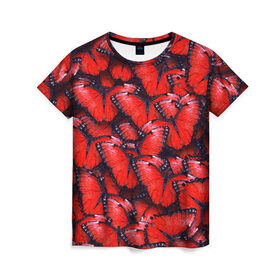 Женская футболка 3D с принтом Красные бабочки в Тюмени, 100% полиэфир ( синтетическое хлопкоподобное полотно) | прямой крой, круглый вырез горловины, длина до линии бедер | бабочки | крылья | паттерн