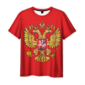 Мужская футболка 3D с принтом Герб России в Тюмени, 100% полиэфир | прямой крой, круглый вырез горловины, длина до линии бедер | вышивка | герб россии | двуглавый орел | держава | красный | москва | скипетр | фон