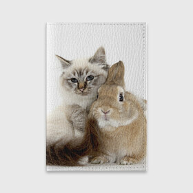 Обложка для паспорта матовая кожа с принтом Кот и кролик в Тюмени, натуральная матовая кожа | размер 19,3 х 13,7 см; прозрачные пластиковые крепления | Тематика изображения на принте: cat | cute | fluffy | friends | friendship | hug | kitty | rabbit | toddlers | дружба | друзья | кот | котенок | кролик | любовь | малыши | милые | обнимаются | пушистые
