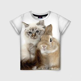 Детская футболка 3D с принтом Кот и кролик в Тюмени, 100% гипоаллергенный полиэфир | прямой крой, круглый вырез горловины, длина до линии бедер, чуть спущенное плечо, ткань немного тянется | cat | cute | fluffy | friends | friendship | hug | kitty | rabbit | toddlers | дружба | друзья | кот | котенок | кролик | любовь | малыши | милые | обнимаются | пушистые