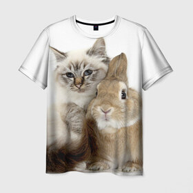Мужская футболка 3D с принтом Кот и кролик в Тюмени, 100% полиэфир | прямой крой, круглый вырез горловины, длина до линии бедер | cat | cute | fluffy | friends | friendship | hug | kitty | rabbit | toddlers | дружба | друзья | кот | котенок | кролик | любовь | малыши | милые | обнимаются | пушистые