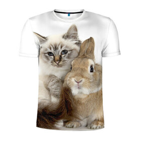 Мужская футболка 3D спортивная с принтом Кот и кролик в Тюмени, 100% полиэстер с улучшенными характеристиками | приталенный силуэт, круглая горловина, широкие плечи, сужается к линии бедра | cat | cute | fluffy | friends | friendship | hug | kitty | rabbit | toddlers | дружба | друзья | кот | котенок | кролик | любовь | малыши | милые | обнимаются | пушистые