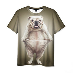 Мужская футболка 3D с принтом Бульдог английский в Тюмени, 100% полиэфир | прямой крой, круглый вырез горловины, длина до линии бедер | Тематика изображения на принте: animals | breed | dog | english bulldog | funny | joke | pants | surrealism | бульдог английский | животное | порода | прикол | собака | сюрреализм | шутка