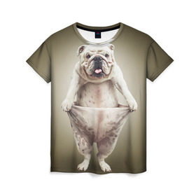 Женская футболка 3D с принтом Бульдог английский в Тюмени, 100% полиэфир ( синтетическое хлопкоподобное полотно) | прямой крой, круглый вырез горловины, длина до линии бедер | animals | breed | dog | english bulldog | funny | joke | pants | surrealism | бульдог английский | животное | порода | прикол | собака | сюрреализм | шутка